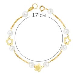 18K Pulsera Oro Amarillo Perla Y Flores 17Cm