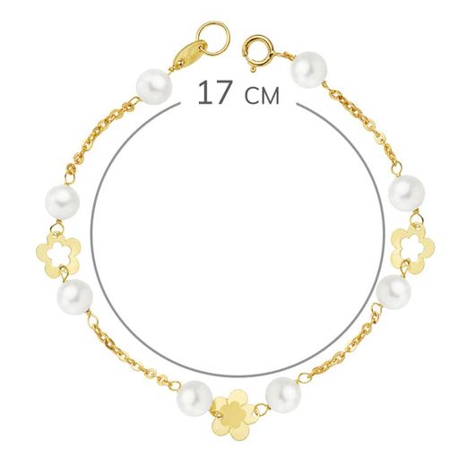 18K Pulsera Oro Amarillo Perla Y Flores 17Cm