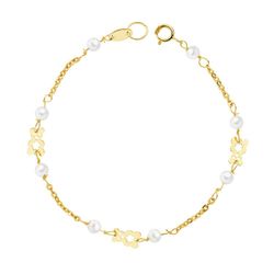 18K Pulsera Oro Amarillo Perlas Y Oso S. 16.5 Cm