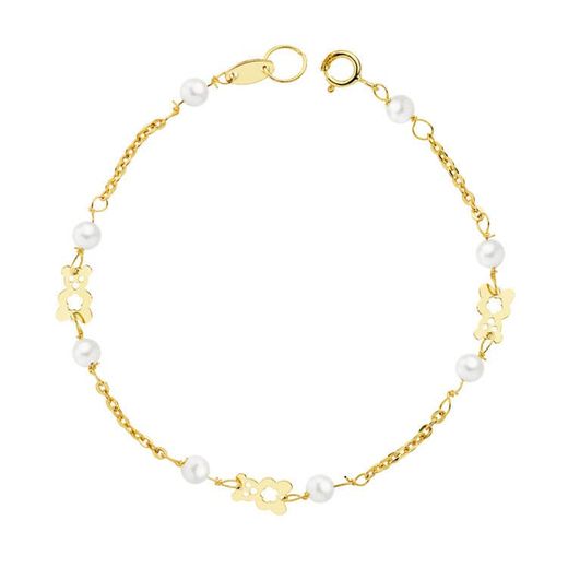18K Pulsera Oro Amarillo Perlas Y Oso S. 16.5 Cm