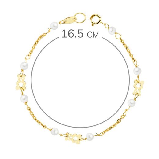 18K Pulsera Oro Amarillo Perlas Y Oso S. 16.5 Cm