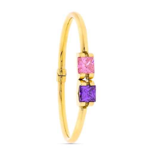 18K Pulsera Oro Amarillo Rigida 2 Piedras Color Amatista Y Ros De Francia
