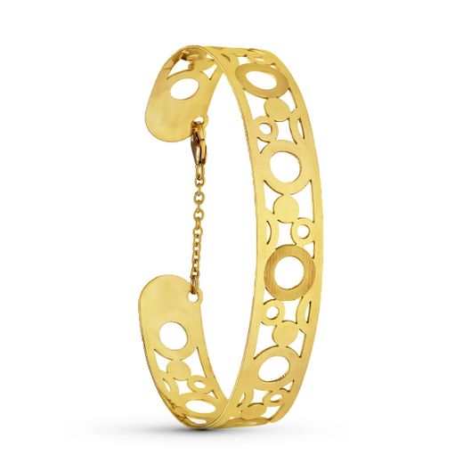 18K Pulsera Oro Amarillo Rigida Circulos Laser Medida Interior 65X50 Mm Ancho Total 12 Mm Cierre Mosqueton Con Cadena