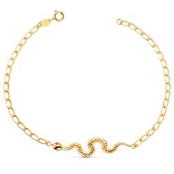 18K Pulsera Oro Amarillo Serpiente Ojos Rubi 40 Mm. Cadena Hueca. Largo: 19Cm