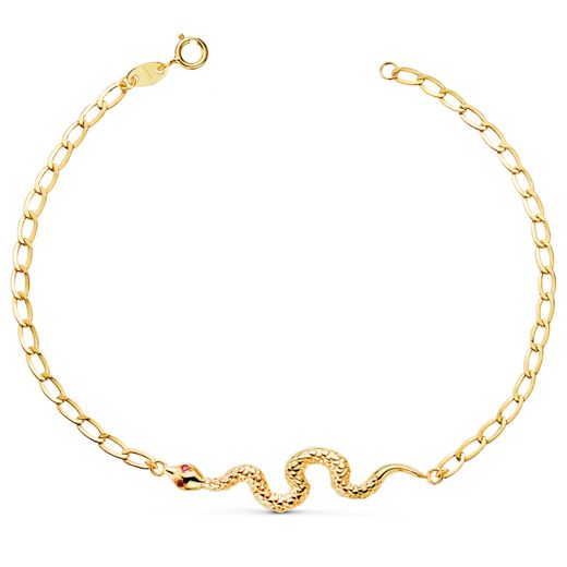 18K Pulsera Oro Amarillo Serpiente Ojos Rubi 40 Mm. Cadena Hueca. Largo: 19Cm
