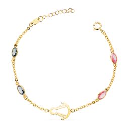 18K Pulsera Oro Amarillo Silueta Virgen Rocio 14X11 Mm Con Circonitas Rosas Y Azules. Largo: 15 3 Cm