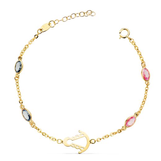 18K Pulsera Oro Amarillo Silueta Virgen Rocio 14X11 Mm Con Circonitas Rosas Y Azules. Largo: 15 3 Cm