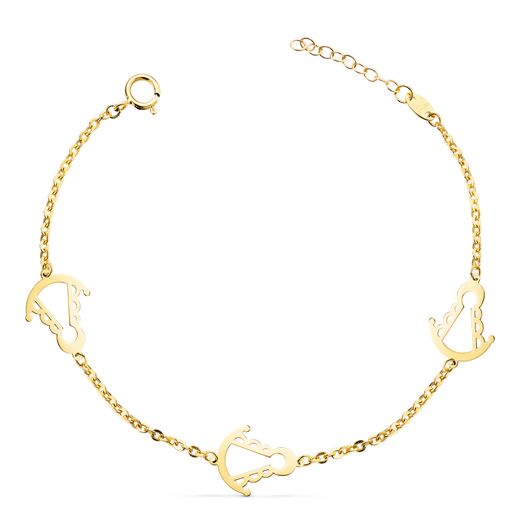18K Pulsera Oro Amarillo Tres Sliuetas Virgen Rocio 14X11 Mm Con. Largo: 15,5 3 Cm