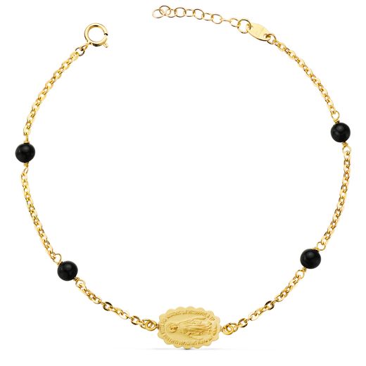 18K Pulsera Oro Amarillo Virgen Milagrosa 13X9 Mm Bolas Negras. Largo: 17 3 Cm