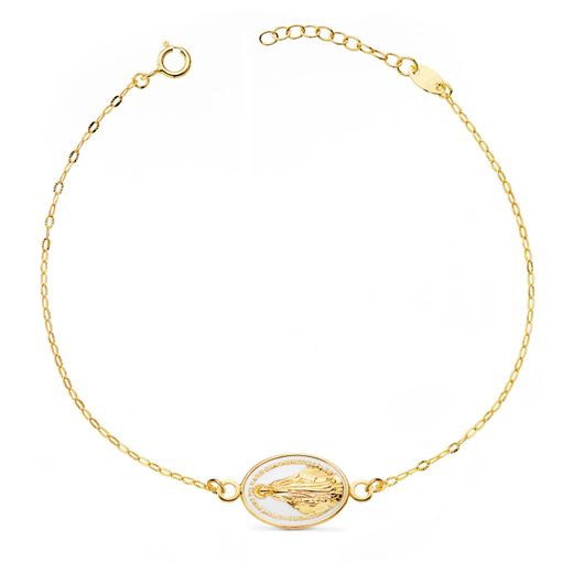 18K Pulsera Oro Amarillo Virgen Milagrosa Esmalte Blanco 13X10 Mm. Cadena Tallada: Largo: 17-3 Cm