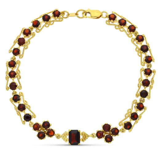 18K Pulsera Oro Amarillo Y Granates 19Cm