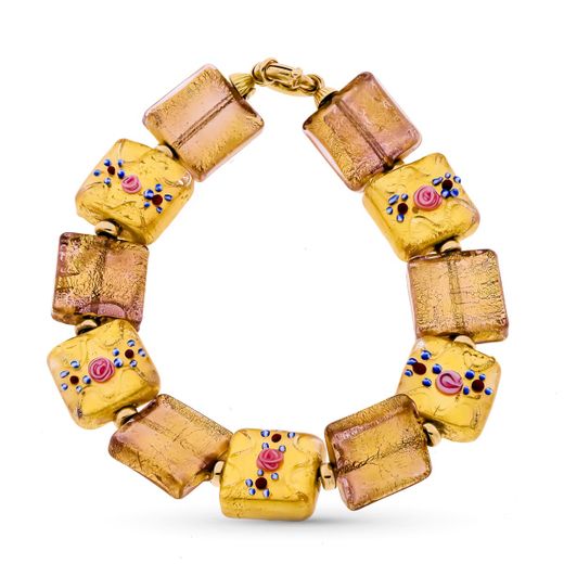 18K Pulsera Oro Amarillo Y Murano Flores Porcelana 19Cm