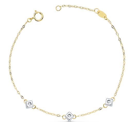 18K Pulsera Oro Bicolor Chaton De 3 Rombos Con Diamantes 0,045 Qts. Vs2-G 17Cm