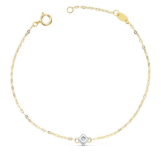 18K Pulsera Oro Bicolor Chaton De Rombo Con Diamante 0,015 Qts. Vs2-G 19Cm