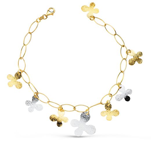 18K Pulsera Oro Bicolor Eslabones Huecos Con Mariposas. Ancho 5 Mm Largo 21Cm