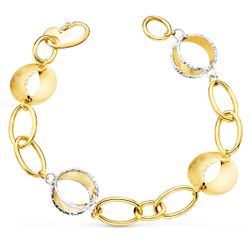18K Pulsera Oro Bicolor Eslabones Ovales Y Motivos Redondos Rayados. 20Cm