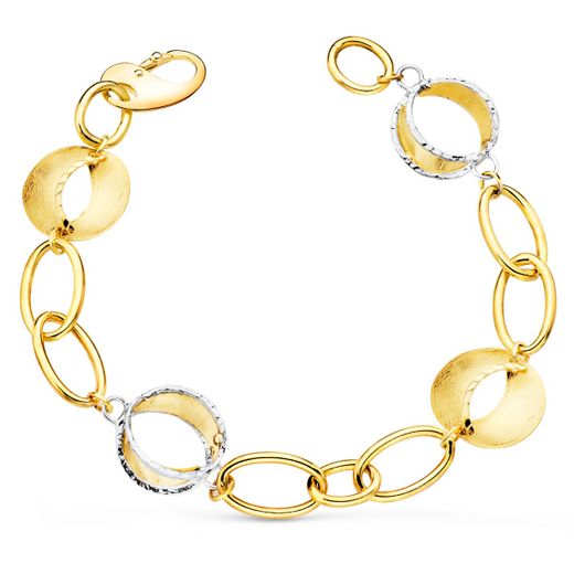 18K Pulsera Oro Bicolor Eslabones Ovales Y Motivos Redondos Rayados. 20Cm