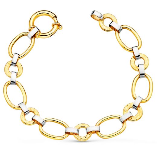 18K Pulsera Oro Bicolor Eslabones Ovales Y Redondos Ancho 11 Mm Largo 19Cm