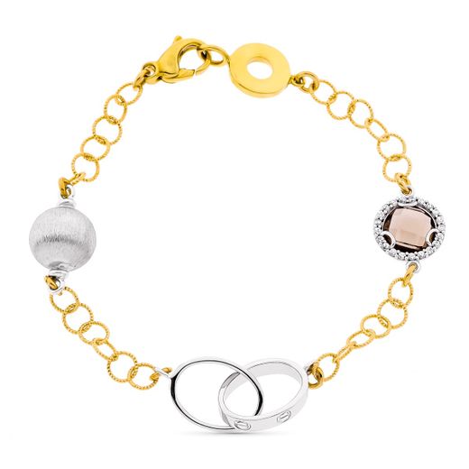 18K Pulsera Oro Bicolor Eslabones Piedra Fume. Ancho 10 Mm Largo 19Cm