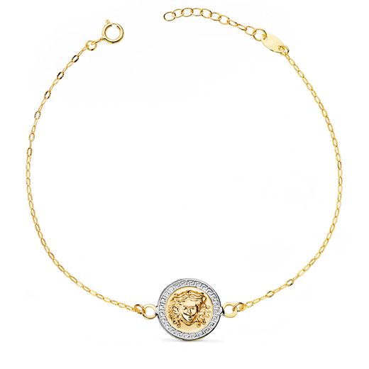 18K Pulsera Oro Bicolor Medusa Brillo 12Mm Cadena Tallada. Largo: 18-3 Cm