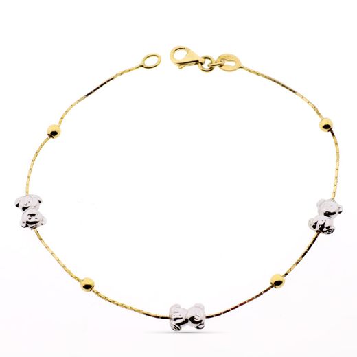 18K Pulsera Oro Bicolor Oso S Y Bolas Lisas 19Cm
