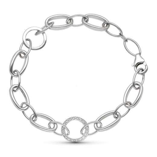 18K Pulsera Oro Blanco Eslabon Oval Y Circular Con Circonita 18.5 Cm