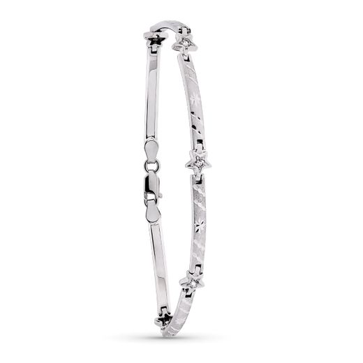 18K Pulsera Oro Blanco Mate Y Brillo Barras Y Estrellas 19Cm