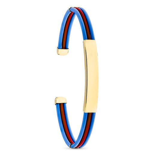 18K Pulsera Placa Chapa Rigida Caucho Oro Amarillo Azul Y Rojo 19Cm