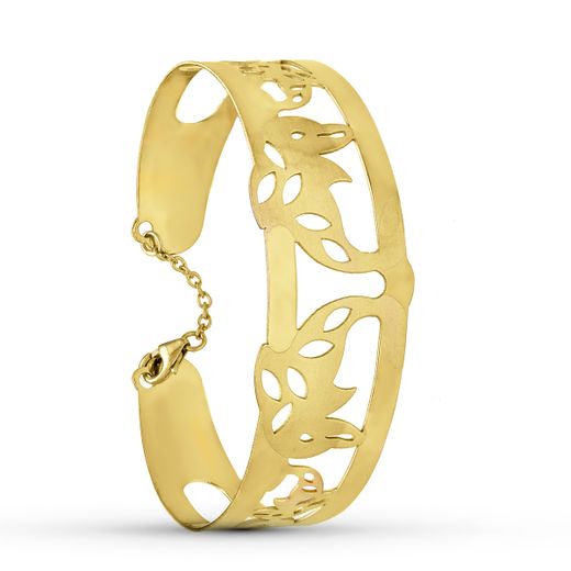 18K Pulsera Rigida Oro Amarillo Delfines Laser Mate Brillo Medida Interior 65X50 Mm Ancho Total 22 Mm Cierre Mosqueton Con Cadena