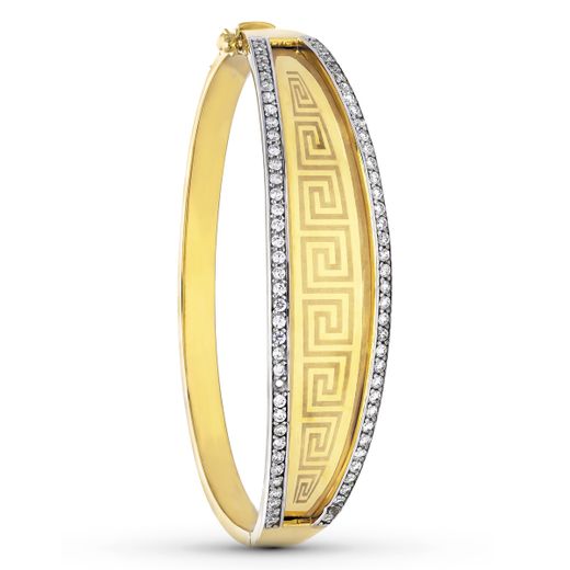 18K Pulsera Rigida Oro Bicolor Circonita Greca Diametro 60 Mm Ancho Disminucion 15 Mm