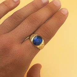 18K Sello Caballero Tallado Oro Amarillo Macizo Piedra Spinel Zafiro Azul Oval 12 X10 Mm