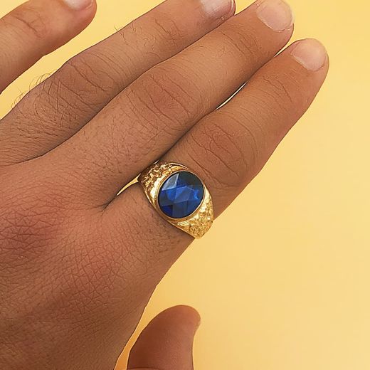 18K Sello Caballero Tallado Oro Amarillo Macizo Piedra Spinel Zafiro Azul Oval 12 X10 Mm
