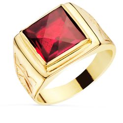 18K Sello Cuadrado Oro Amarillo Macizo Con Piedra Spinel Rubi Talla Damero 12X12 Mm