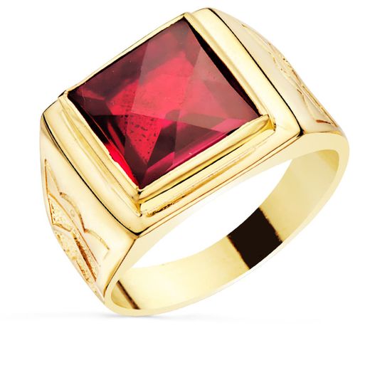 18K Sello Cuadrado Oro Amarillo Macizo Con Piedra Spinel Rubi Talla Damero 12X12 Mm