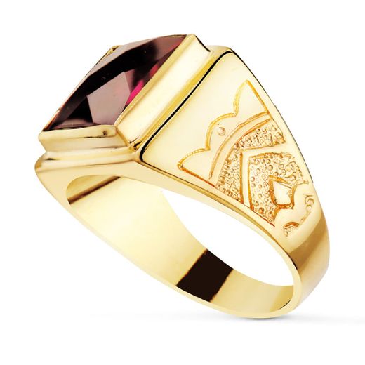 18K Sello Cuadrado Oro Amarillo Macizo Con Piedra Spinel Rubi Talla Damero 12X12 Mm