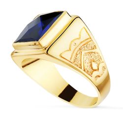 18K Sello Cuadrado Oro Amarillo Macizo Con Piedra Spinel Zafiro Talla Damero 12X12 Mm