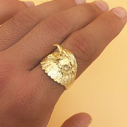 18K Sello Macizo Oro Amarillo Aguila Calva Americana Tallada Ancho 19 Mm