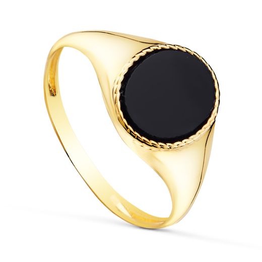 18K Sello Oro Amarillo Brillo Con Piedra Oval Onix 10 X 8 Mm .