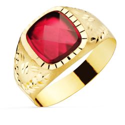 18K Sello Oro Amarillo Caballero Con Piedra Rubi Spinel 9X9 Mm Lateral Tallado