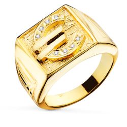 18K Sello Oro Amarillo Caballero Euro Con Circonita 16X16 Mm