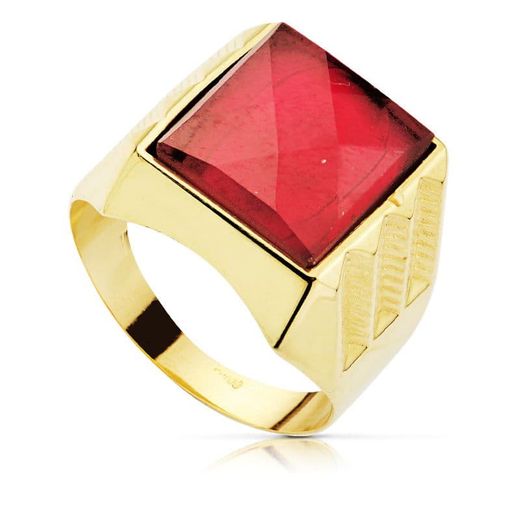 18K Sello Oro Amarillo Caballero Hueco Piedra Rubi Spinel 14X12 Mm