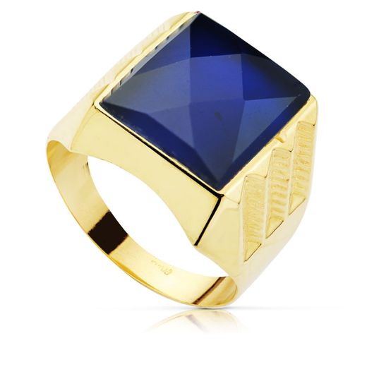 18K Sello Oro Amarillo Caballero Hueco Piedra Zafiro Spinel 14X12 Mm