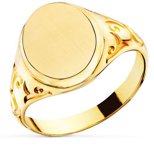 18K Sello Oro Amarillo Caballero Macizo Zona Grabado Redondo 14X11Mm