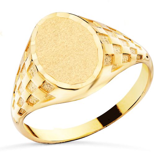 18K Sello Oro Amarillo Cadete Macizo Tallado Cabeza Oval. Zona Grabado 13X9Mm