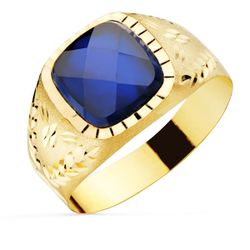18K Sello Oro Amarillo Con Piedra Zafiro Spinel 9X9 Mm Lateral Tallado