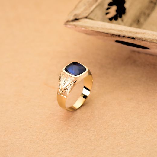 18K Sello Oro Amarillo Con Piedra Zafiro Spinel 9X9 Mm Lateral Tallado