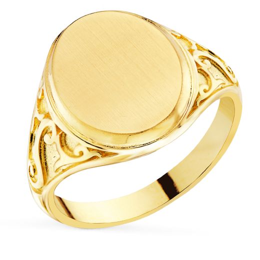 18K Sello Oro Amarillo Con Tallados Laterales. Cabeza Oval Matizada 14X11 Mm