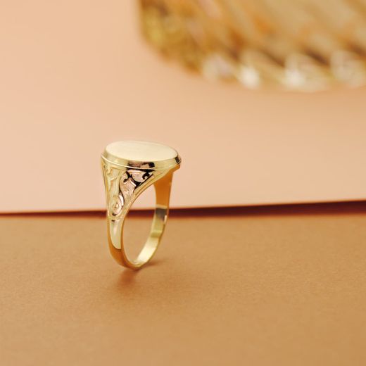 18K Sello Oro Amarillo Con Tallados Laterales. Cabeza Oval Matizada 14X11 Mm