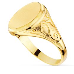18K Sello Oro Amarillo Con Tallados Laterales. Cabeza Oval Matizada 14X11 Mm