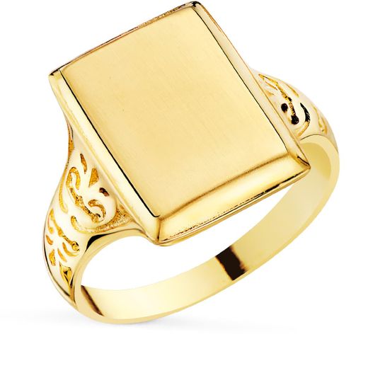 18K Sello Oro Amarillo Con Tallados Laterales Cabeza Rectangular 13X10 Mm